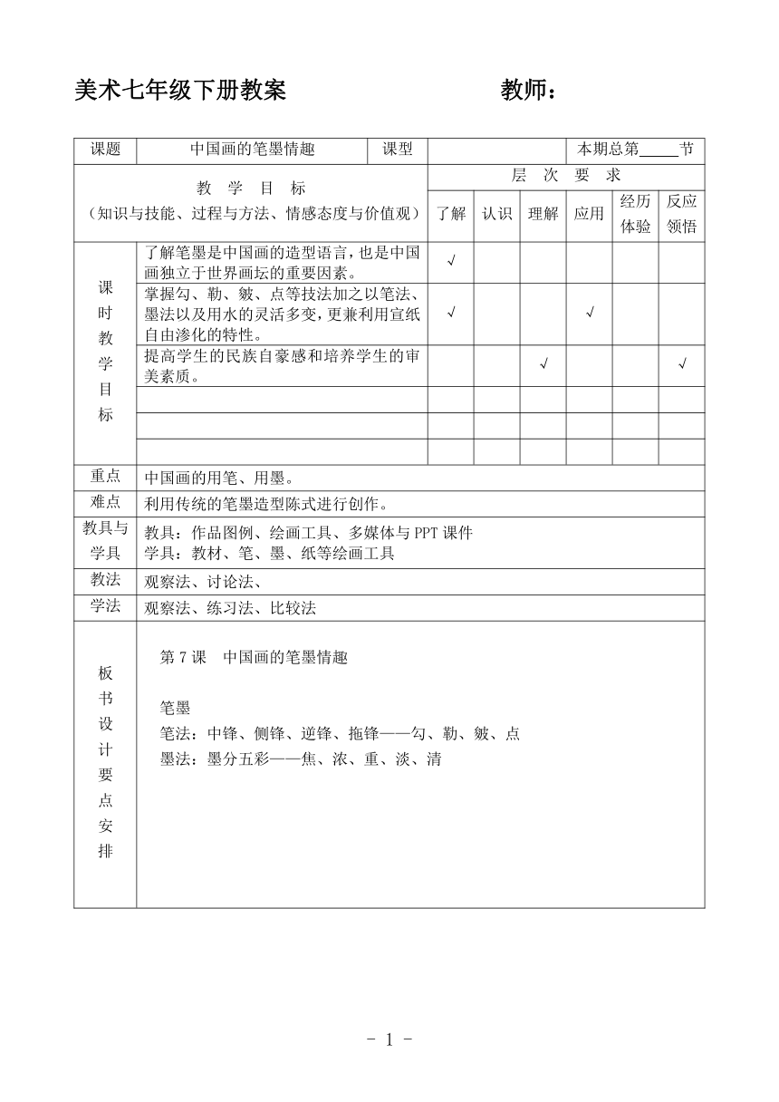 人美版七下 7.中国画的笔墨情趣 教案（表格式）