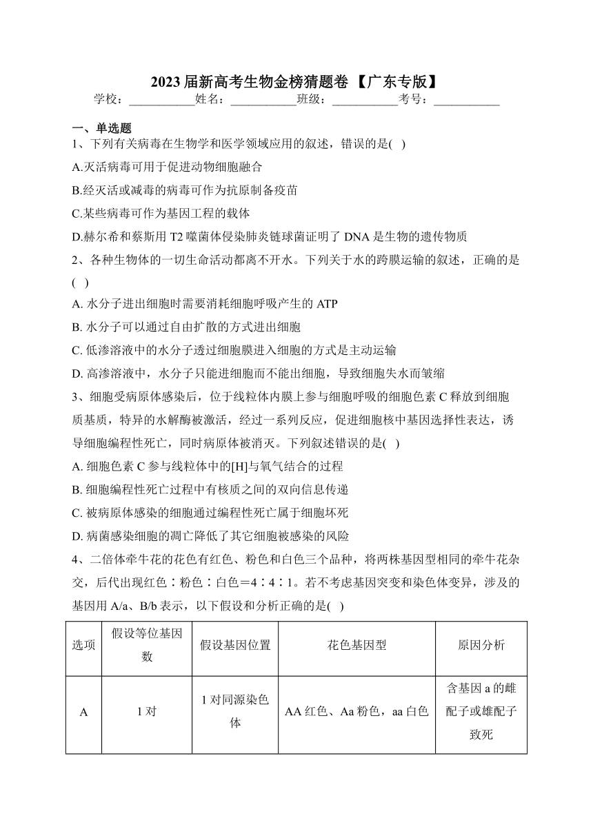 2023届新高考生物金榜猜题卷 【广东专版】（含答案）