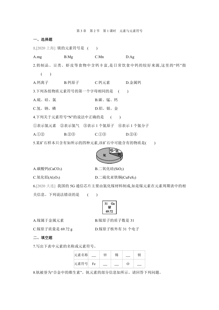 沪教版（全国）化学九年级上册课课练：3.2　第1课时　元素与元素符号（word版有答案）