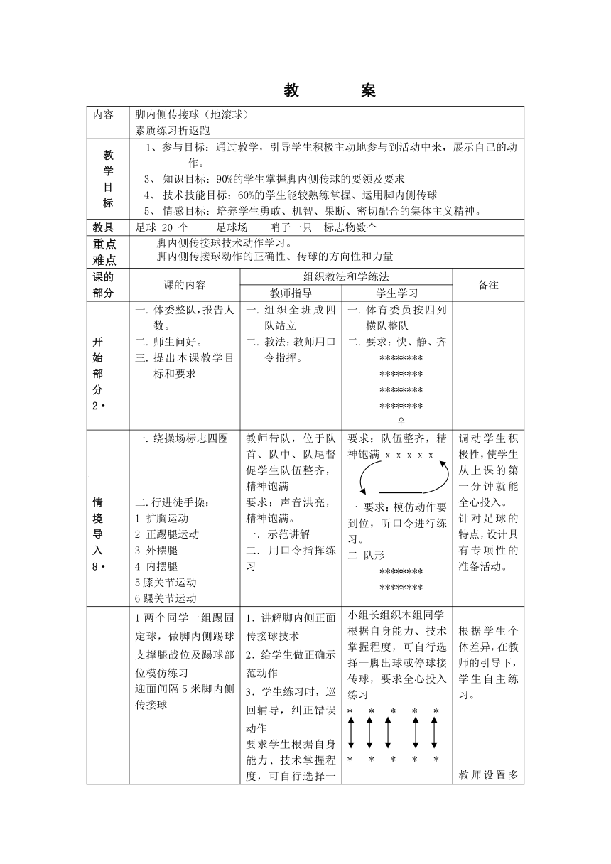 人教版七年级体育 3.2足球 大腿、胸部接球 教案