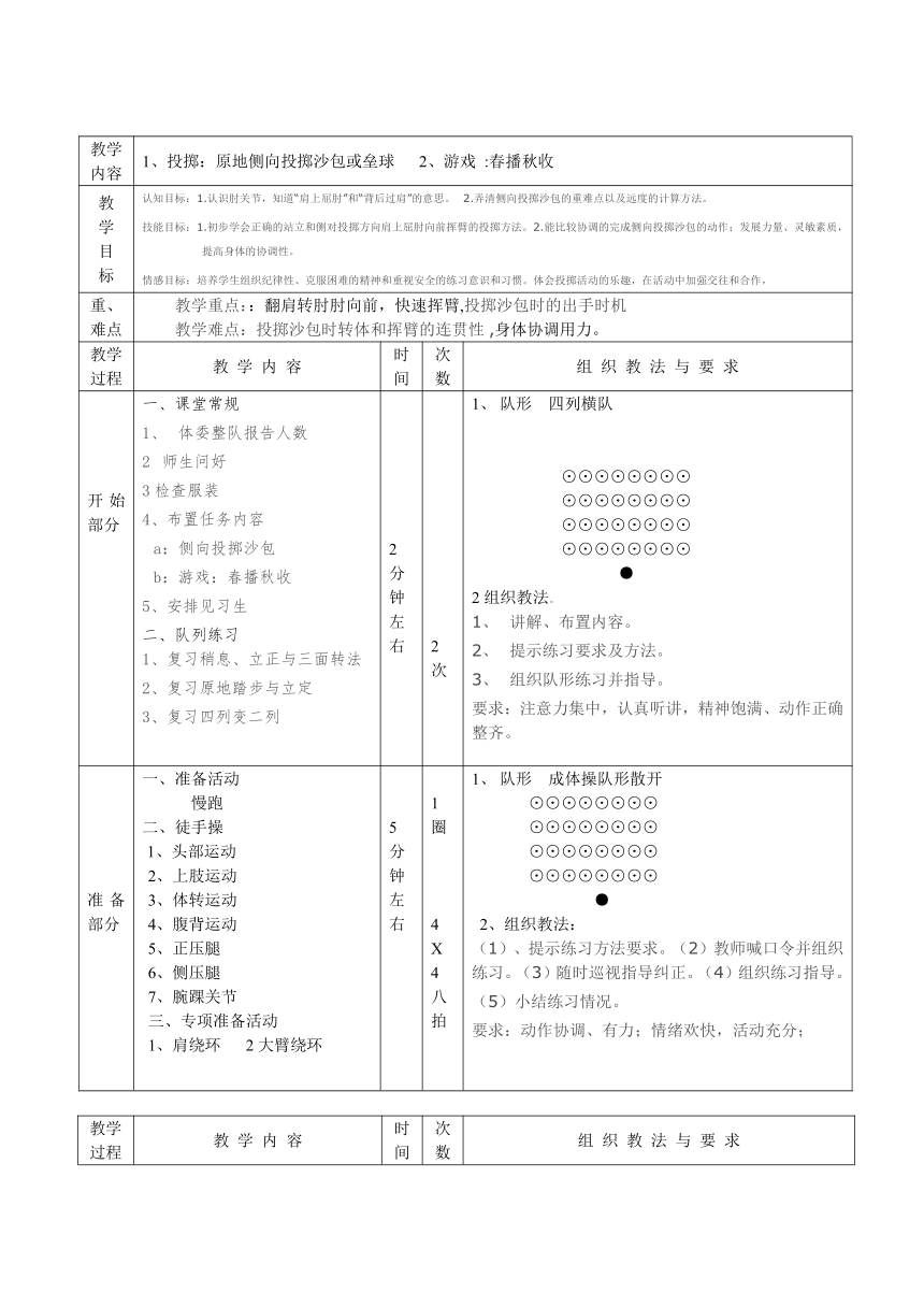 人教版三~四年级体育与健康 4.3.1原地投掷沙包（或垒球） 教案（表格式）