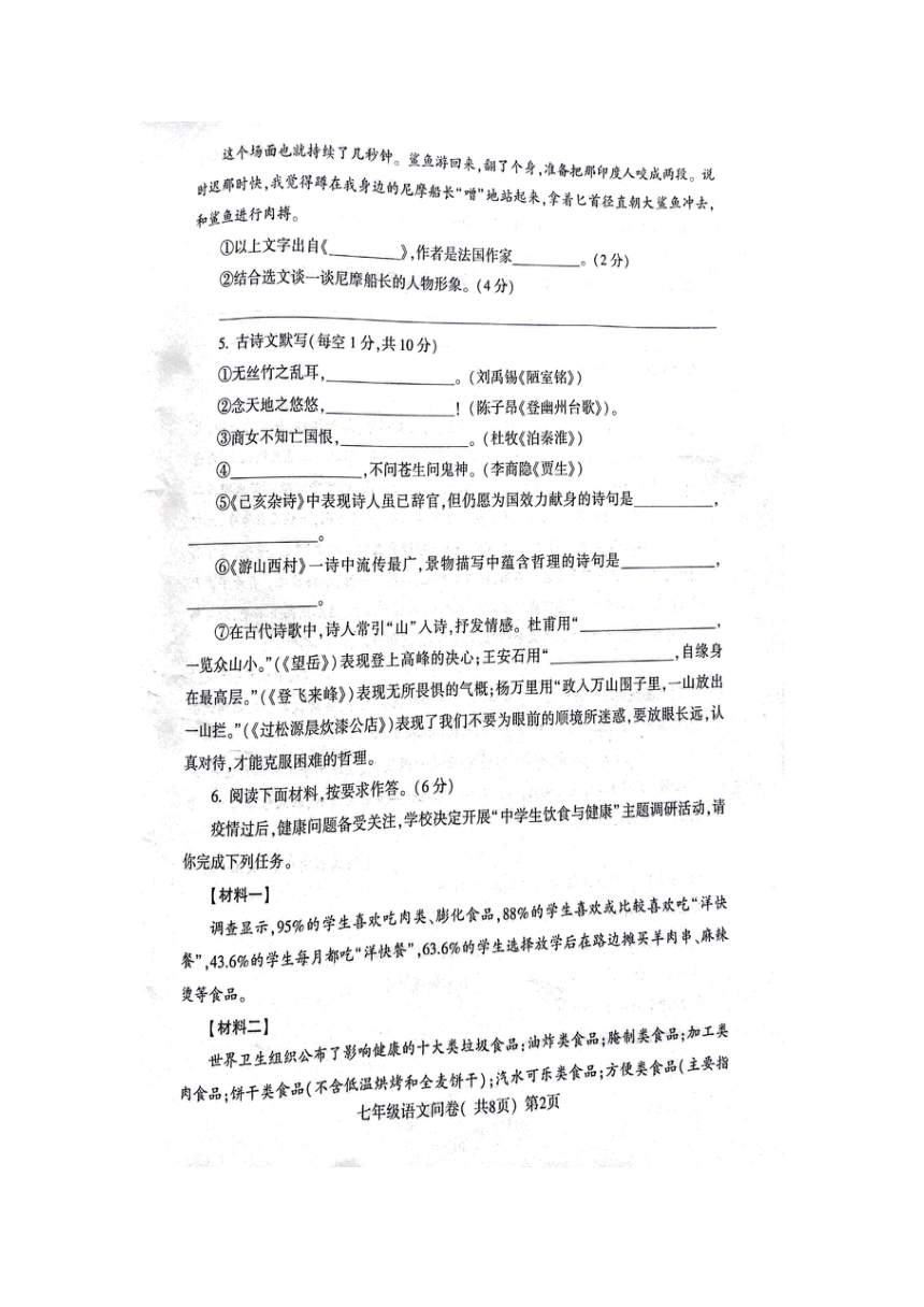 山东省聊城市阳谷县2022—2023学年七年级下学期语文期末测试题（pdf版无答案）