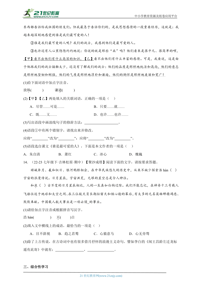 吉林专版  期中专题备考 基础知识应用 部编版语文七年级下册（含解析）