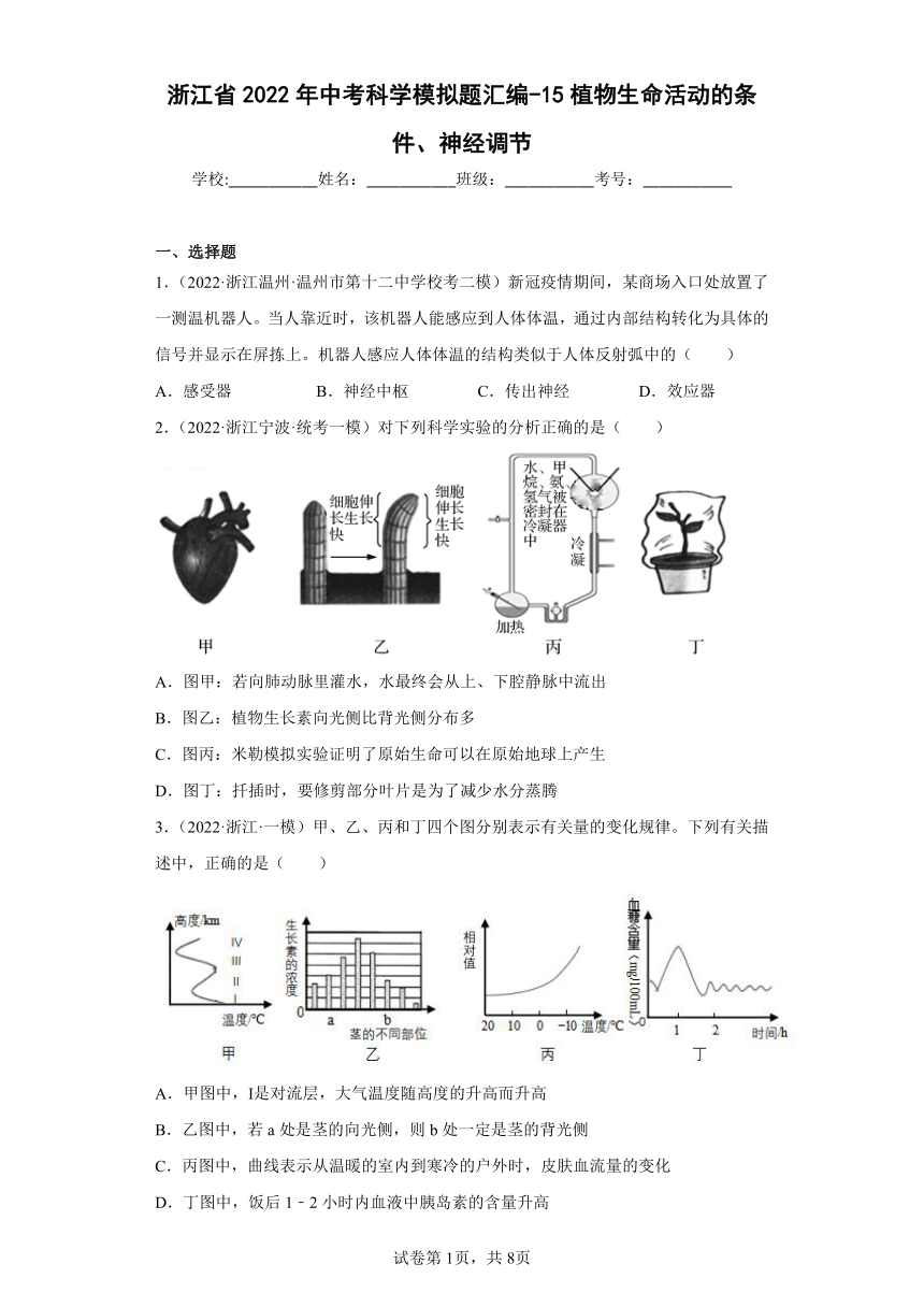 浙江省2022年中考科学模拟题汇编-15植物生命活动的条件、神经调节(含解析)