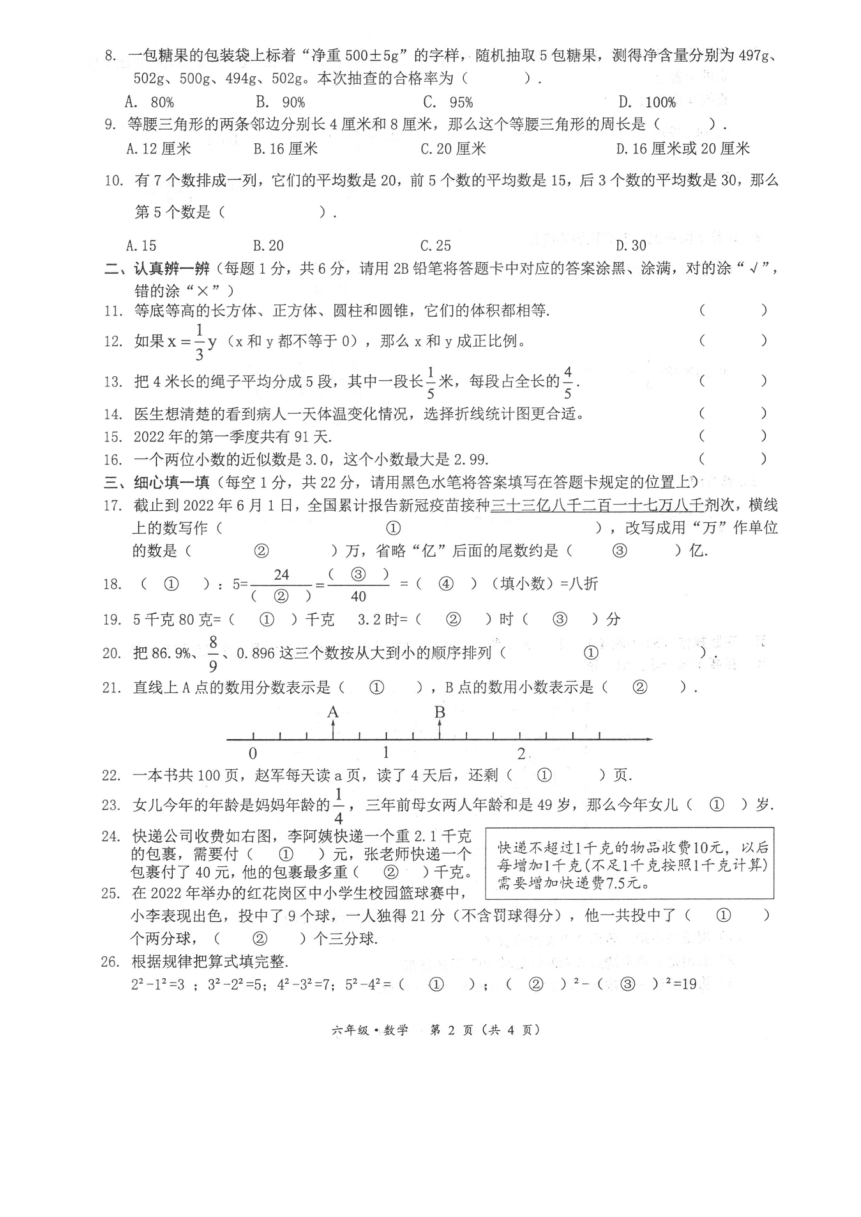 贵州省遵义市红花岗区2021-2022学年六年级下学期期末监测数学试题（图片版无答案）