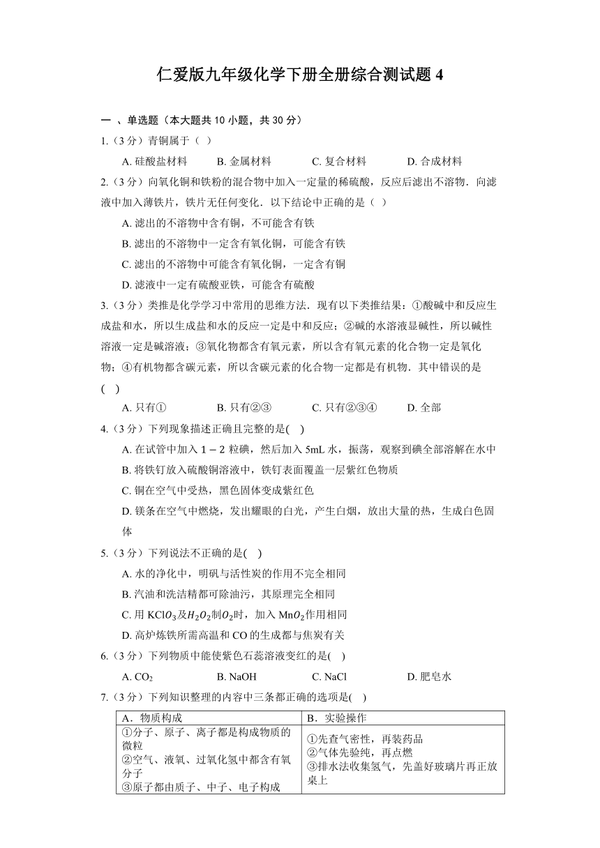 仁爱版九年级化学下册全册综合测试题4(含解析)