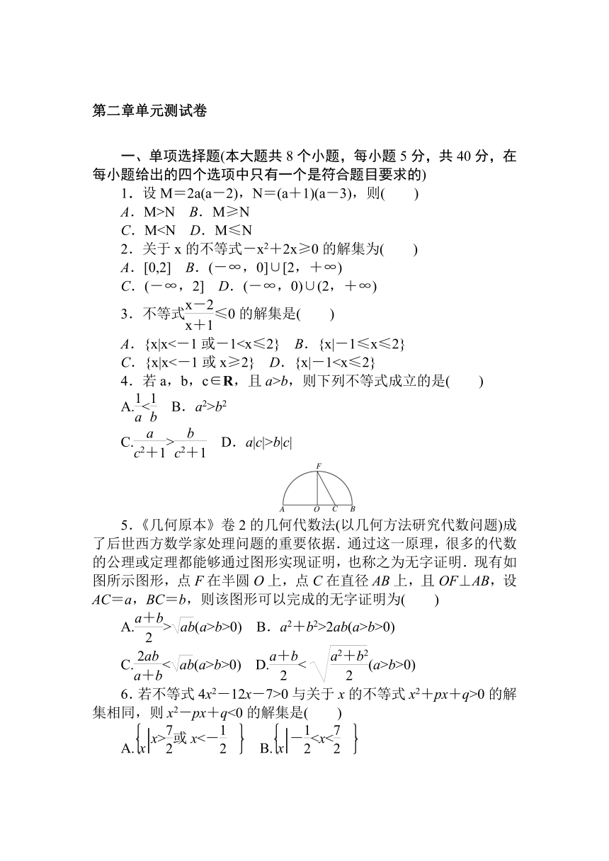 2020-2021学年新教材人教A版必修第一册  第二章 一元二次函数、方程和不等式 单元测试(word版含答案解析）