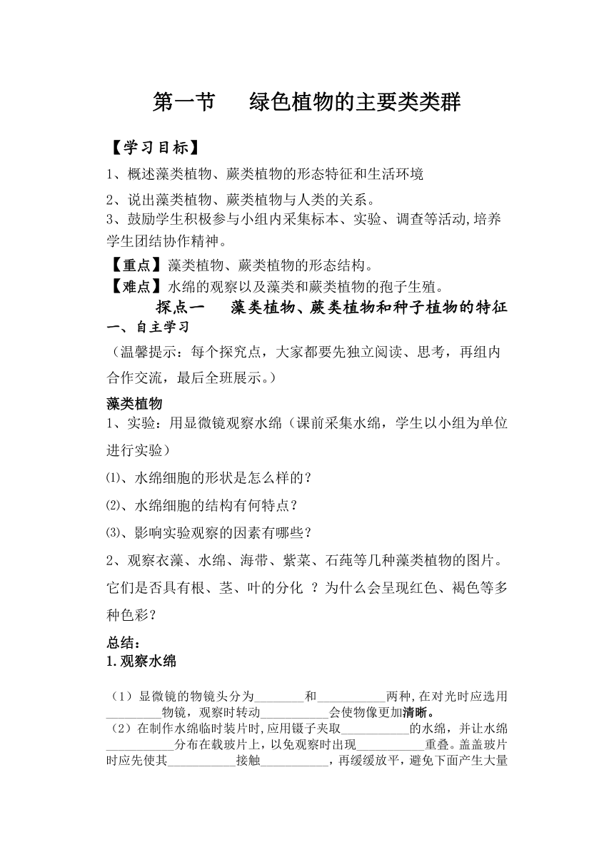 济南版生物七年级上册 2.1.1 绿色植物的主要类群 学案（无答案）