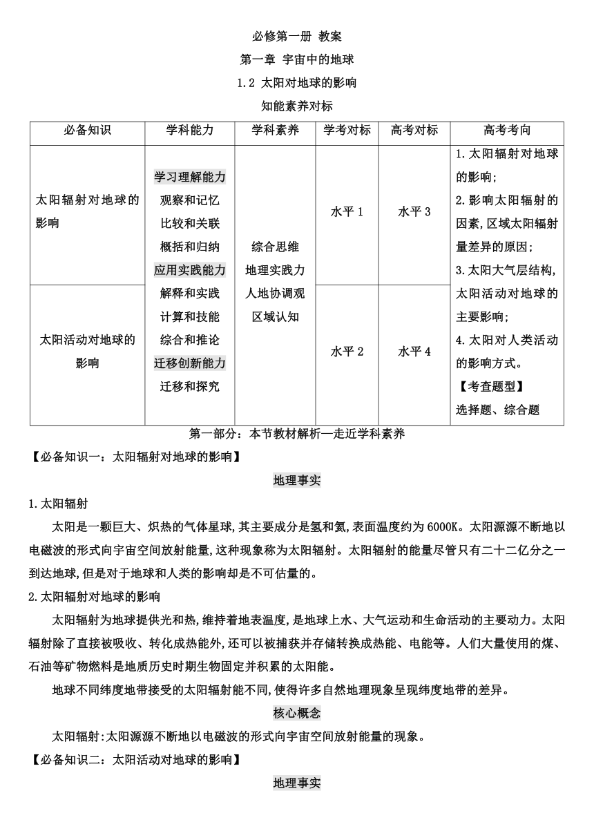 【核心素养目标】1.2 太阳对地球的影响 教案