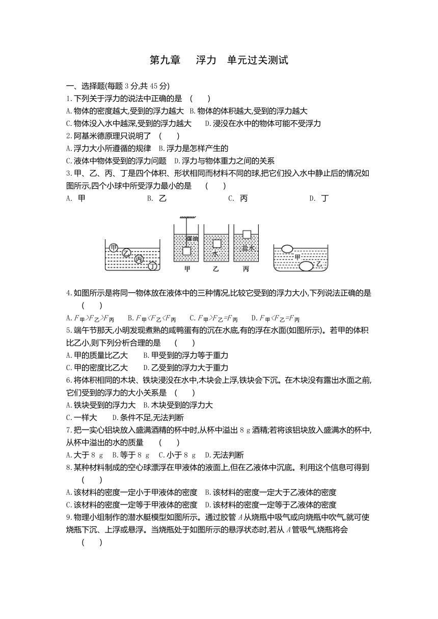 沪科版物理八年级同步提优训练：第九章   浮力  单元过关测试（有答案）