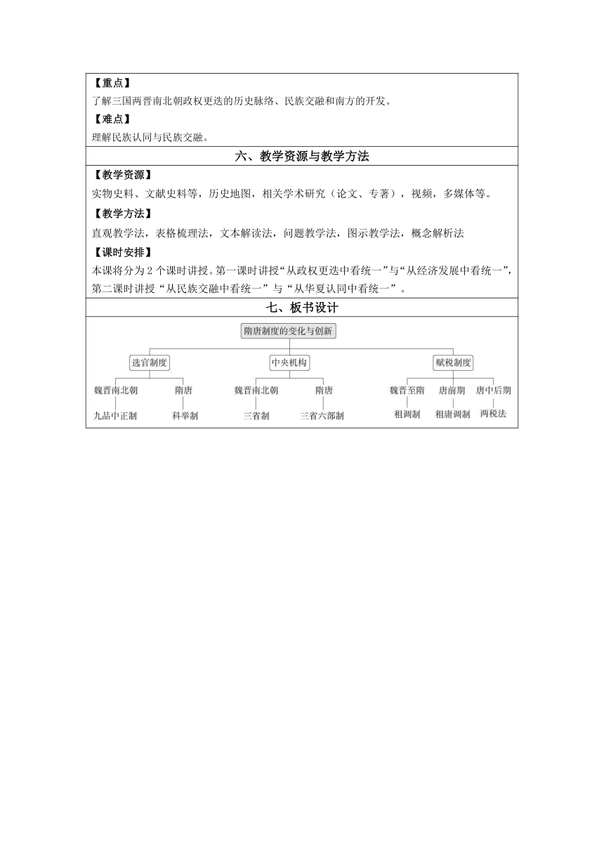 高中历史 统编版（部编版）第5课 三国两晋南北朝的政权更迭与民族交融 教学设计（表格式）必修 中外历史纲要（上）第二单元 三国两晋南北朝的民族交融与隋唐统一多民族封建国家的发展