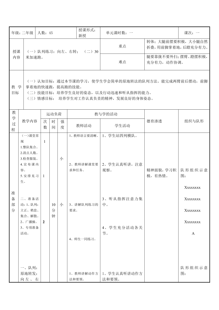 人教版体育二年级上册队列练习-向左、右转（教学设计）