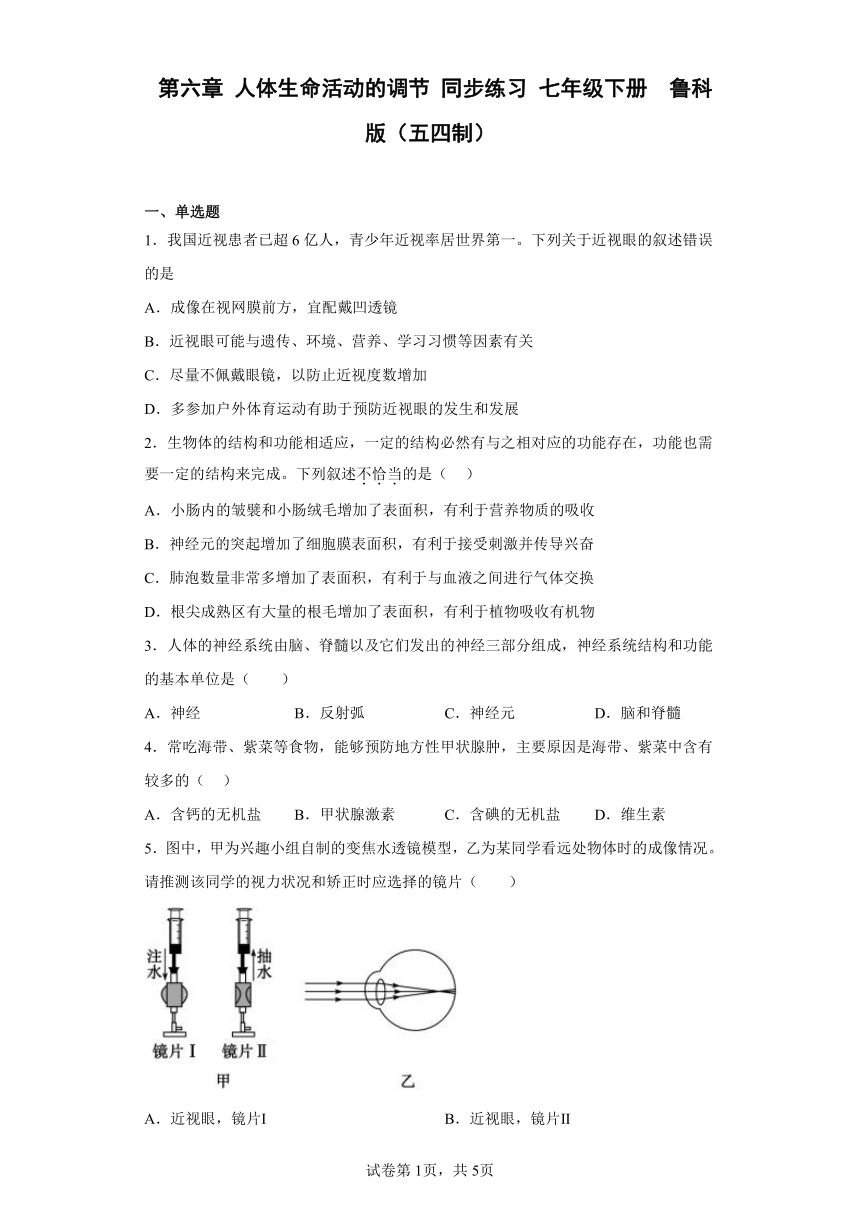 第四单元第六章 人体生命活动的调节 同步练习（含答案） 七年级下册  鲁科版（五四制）