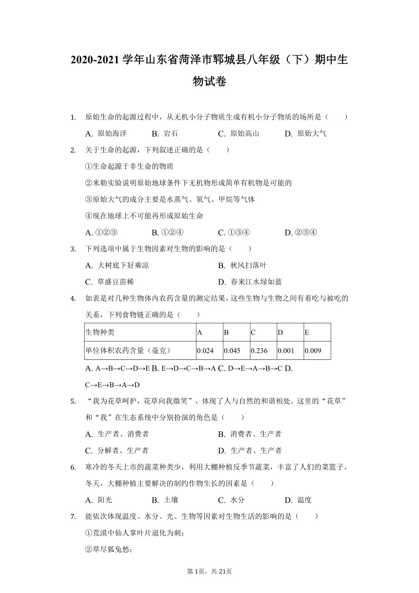 2020-2021学年山东省菏泽市郓城县八年级（下）期中生物试卷（含解析）