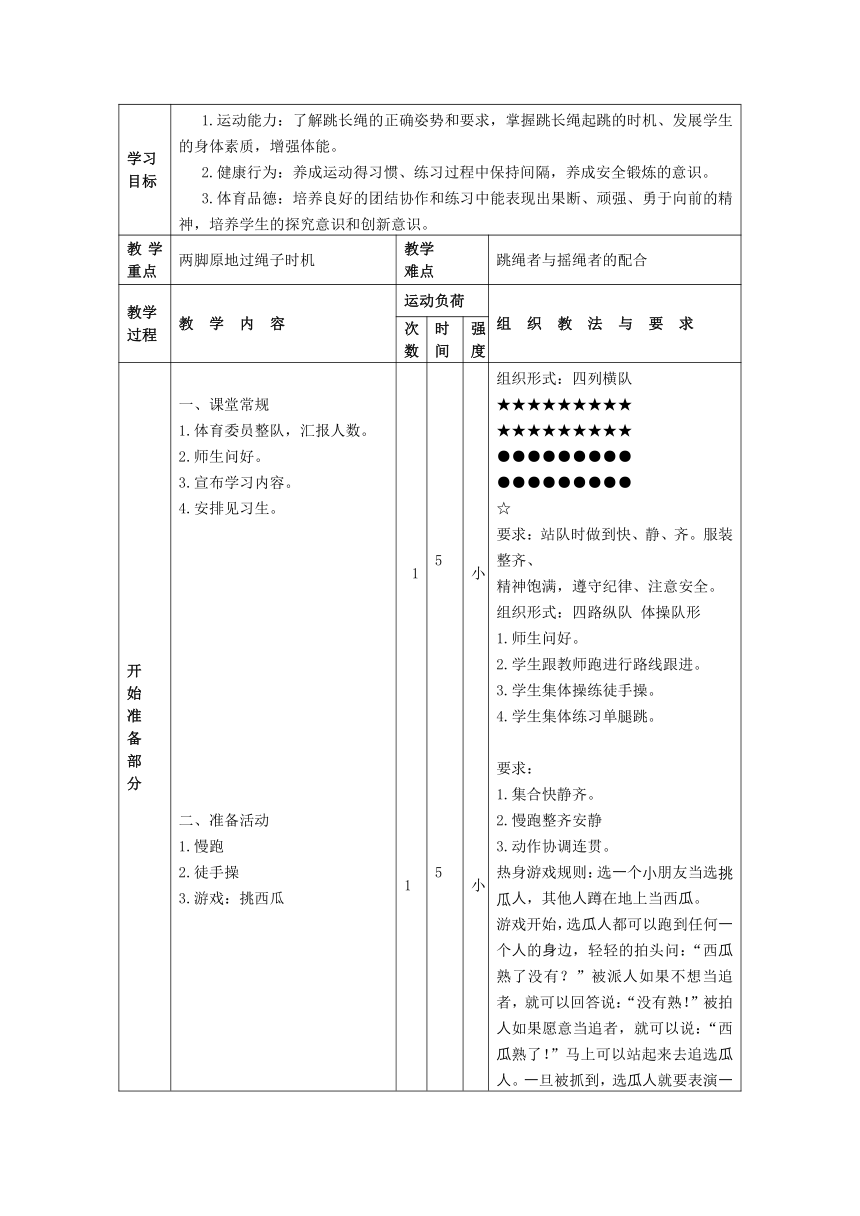 《原地并脚跳长绳》教学设计 （表格式）体育一年级下册