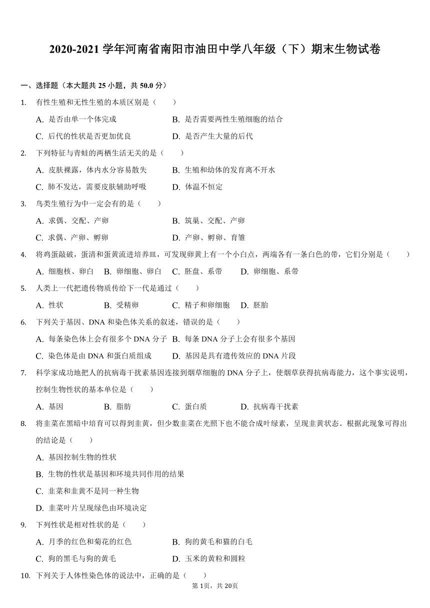 2020-2021学年河南省南阳市油田中学八年级（下）期末生物试卷（含解析）