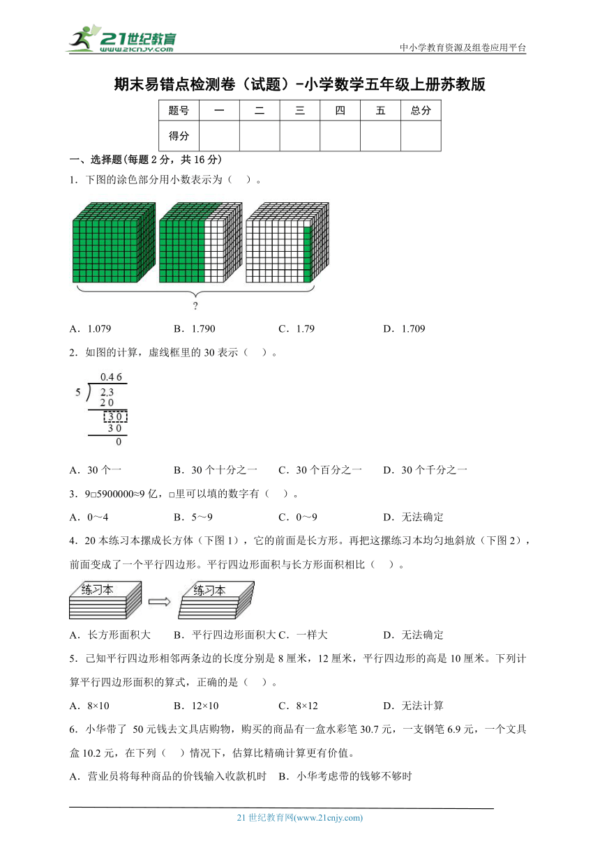 期末易错点检测卷（试题）-小学数学五年级上册苏教版（含答案）