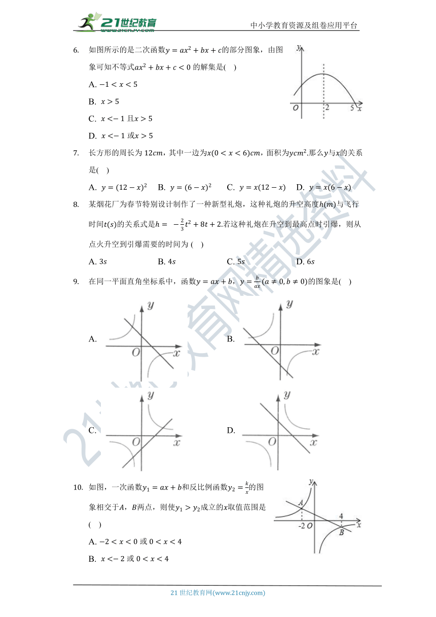 第21章 二次函数与反比例函数单元测试卷（较易）（含答案）