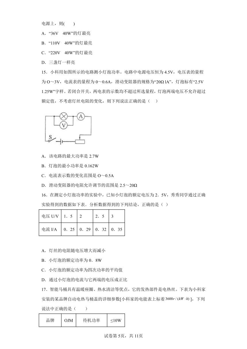 第六章 电能 选择题 专题训练（含答案）