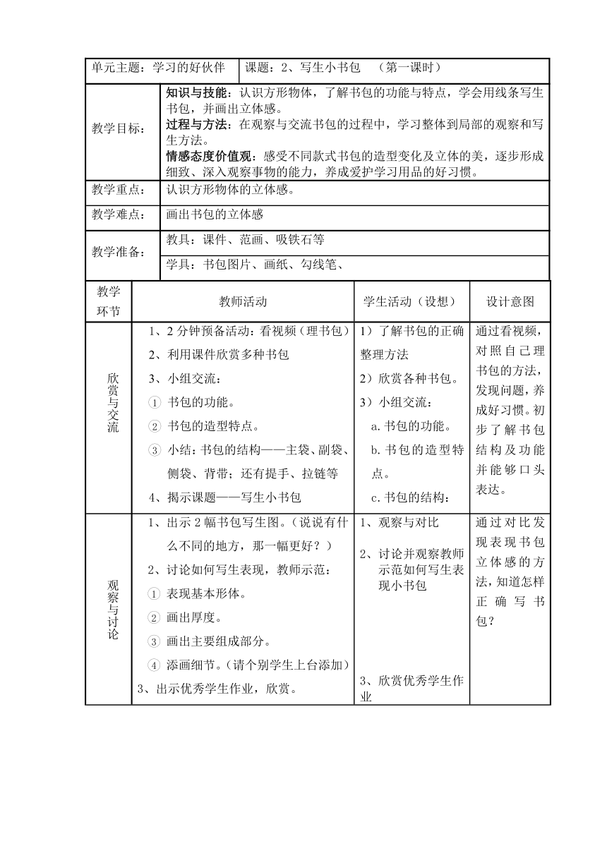 沪教版 二年级下册美术 第2课 写生小书包  教案（表格式）