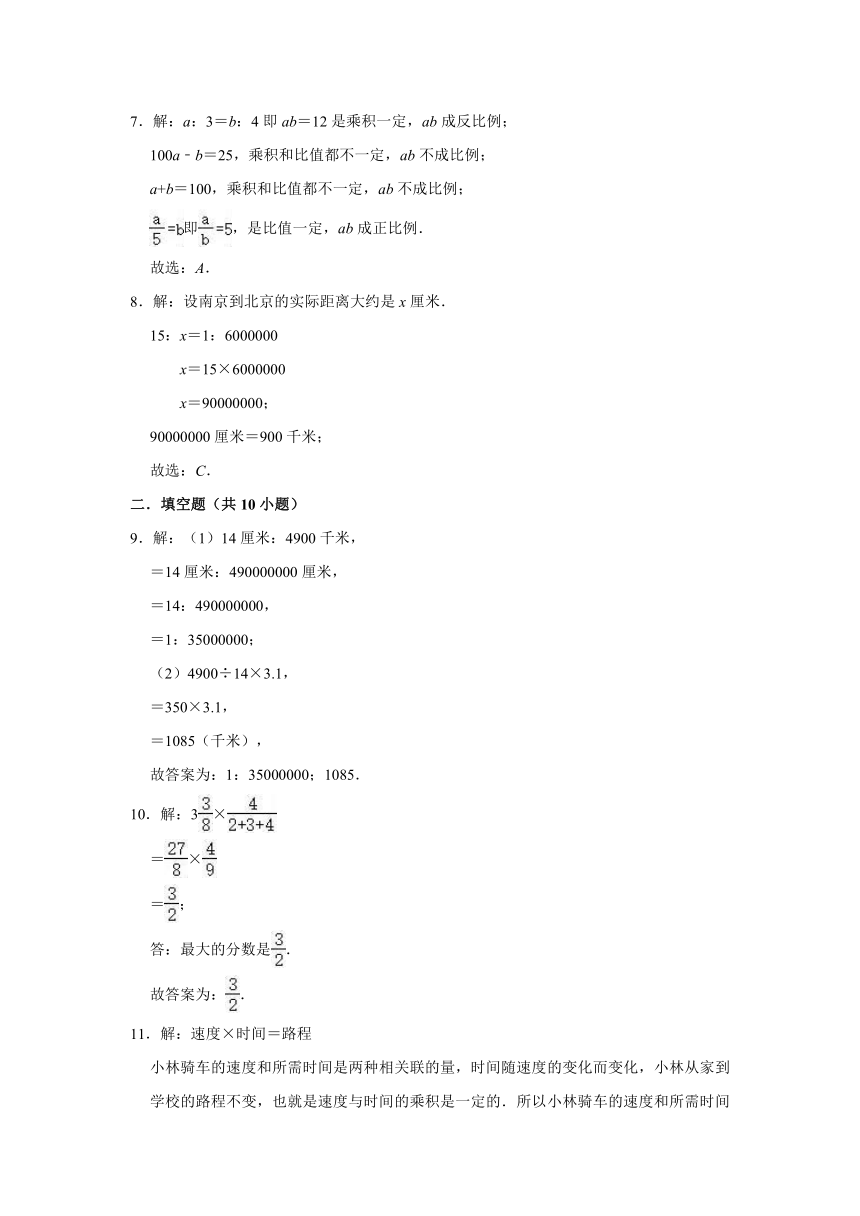 2020-2021学年小学六年级数学下册第二章《比和比例》单元测试题北京课改版（word版 有答案）