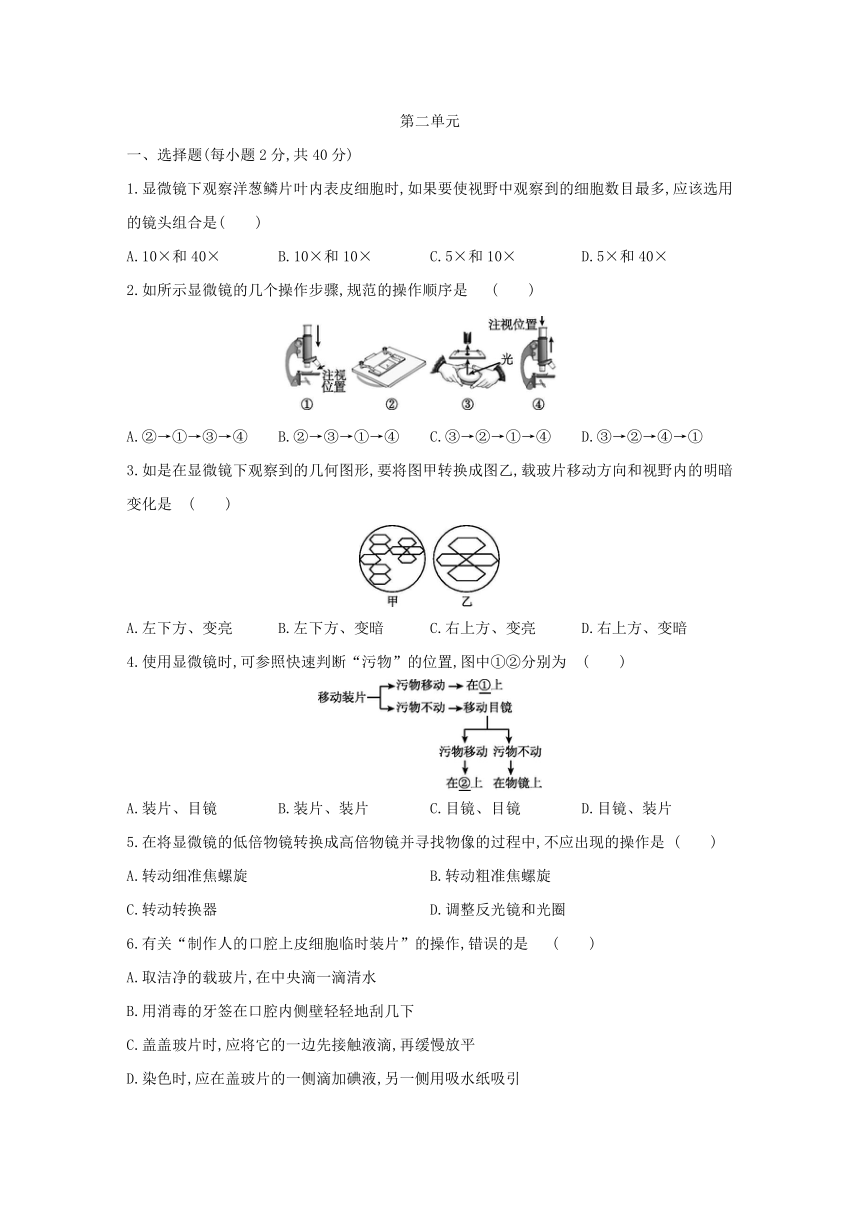 人教版生物学七年级上册同步练习：第二单元 生物体的结构层次   单元综合测试(word版含答案）