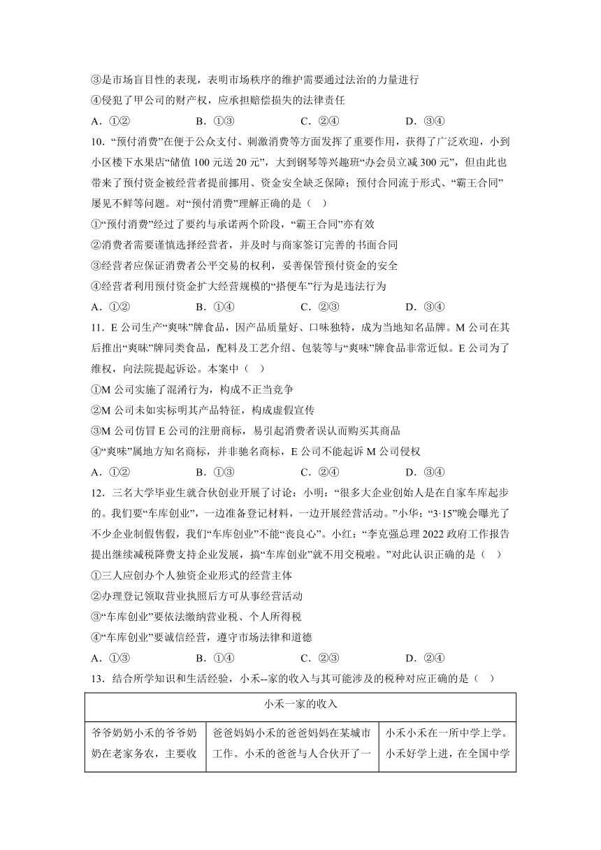 第八课 自主创业与诚信经营 同步练习-（含解析）2022-2023学年高中政治统编版选择性必修二法律与生活