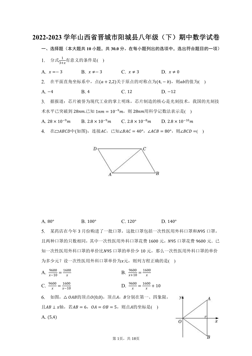 2022-2023学年山西省晋城市阳城县八年级（下）期中数学试卷（含解析）