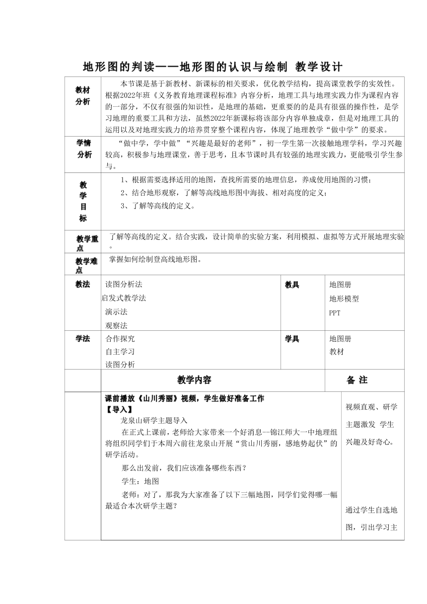 1.4地形图的判读——地形图的认识与绘制 教学设计（表格式）2022-2023学年人教版地理七年级上册