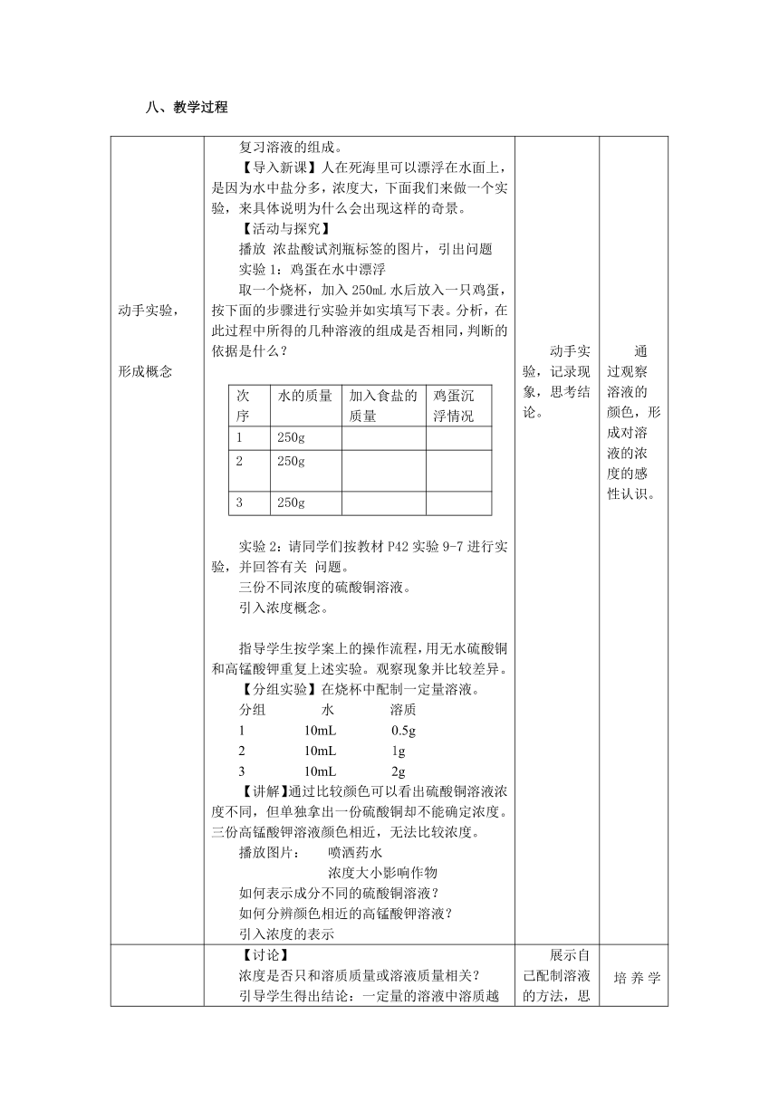 人教版九年级化学下册第九单元课题3   溶液的浓度   教案（表格式）