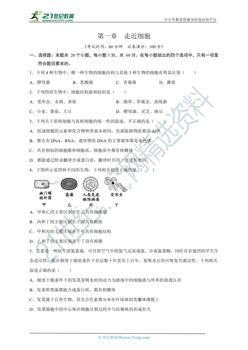 【新人教版】高中生物必修一 第1章 走近细胞 单元综合测试卷（含解析）