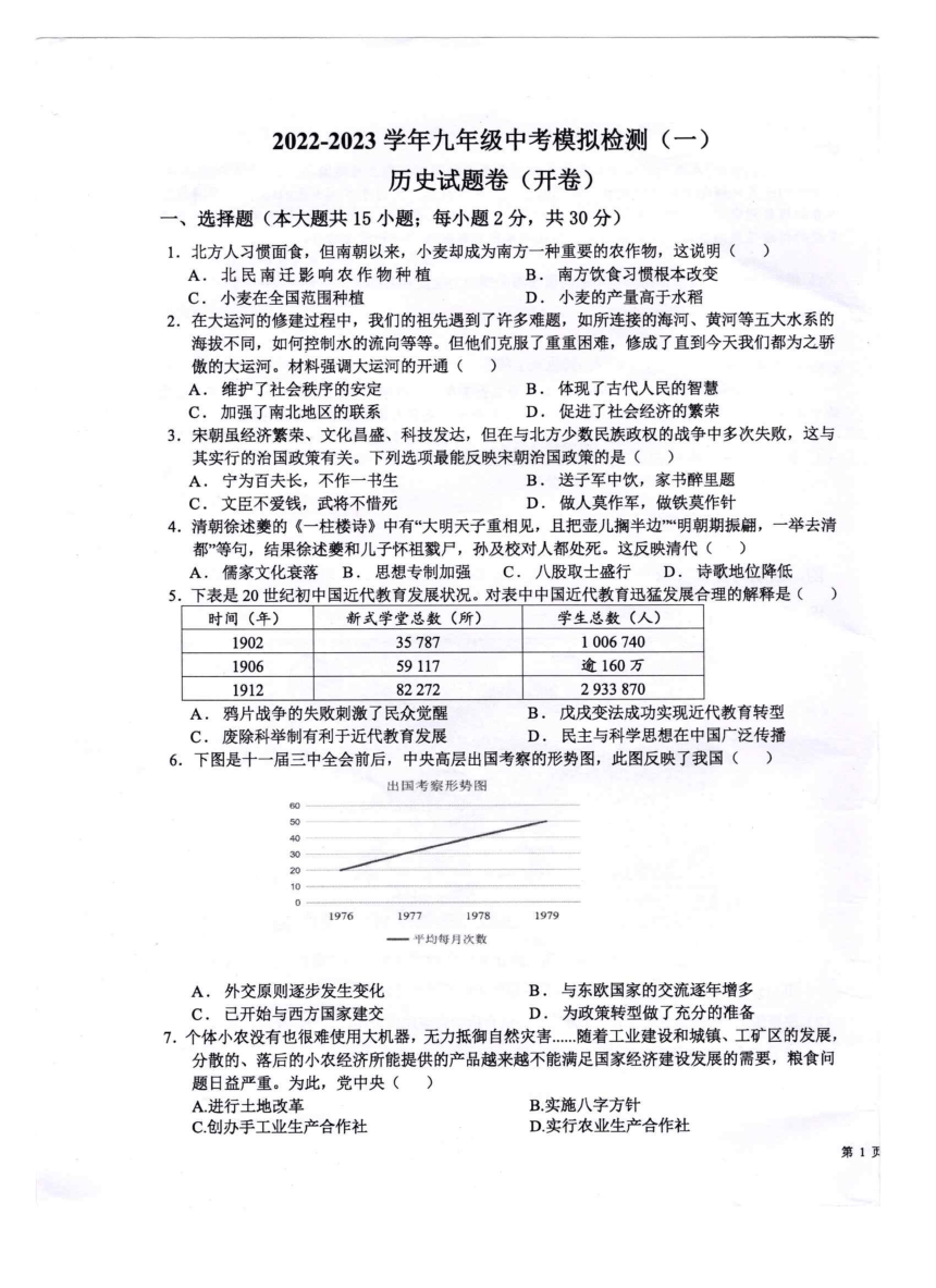 2023年安徽省芜湖市无为市中考一模历史试题（图片版  含答案）