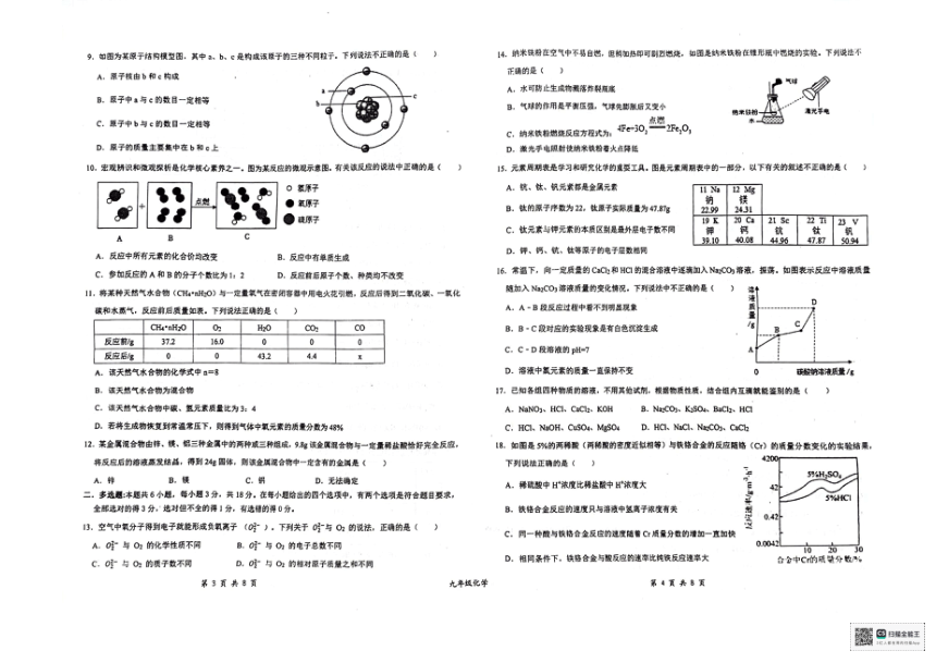 2024年广东省梅州市丰顺县九年级化学核心素养评价试题（PDF无答案）