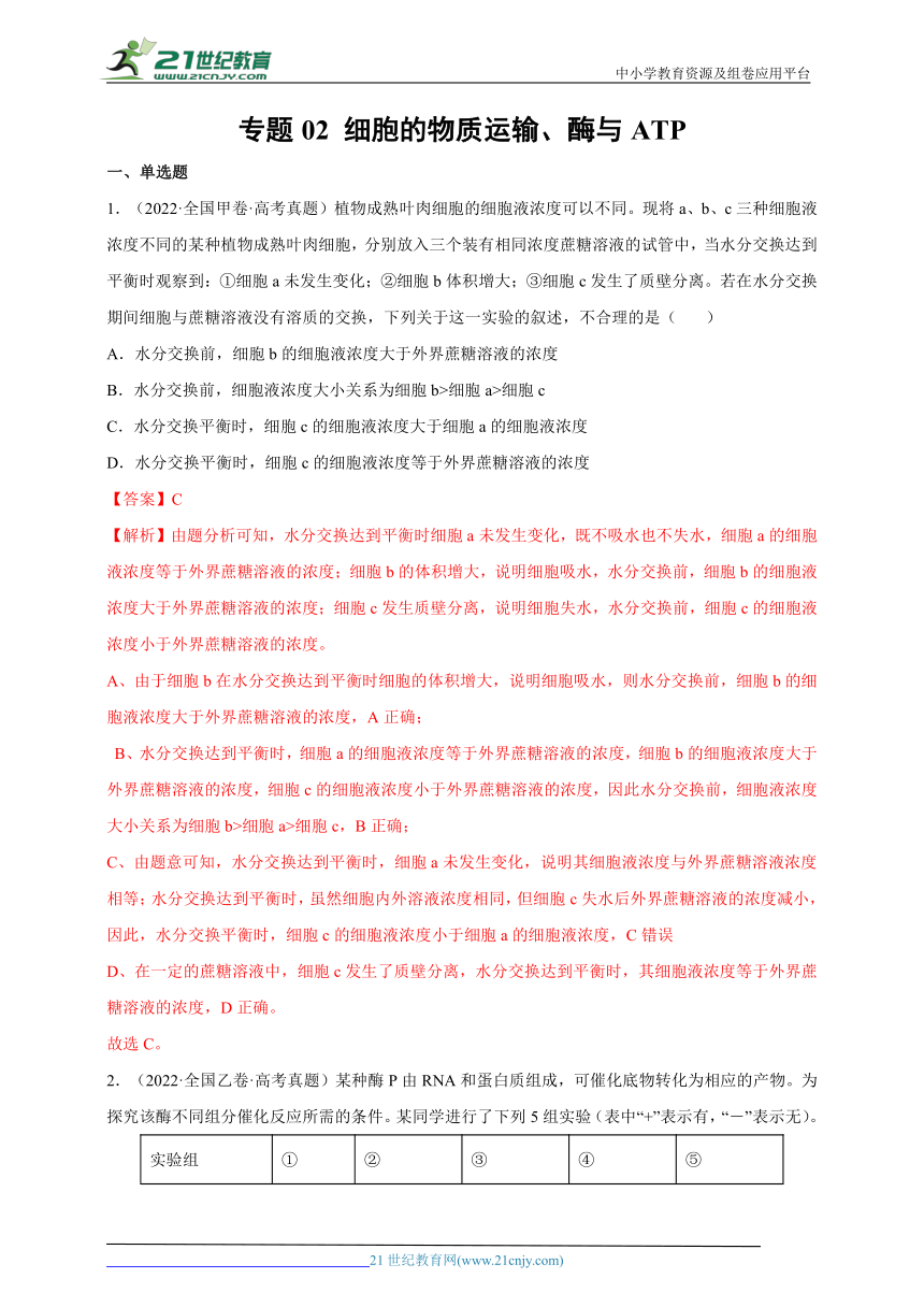 专题02 细胞的物质运输、酶与ATP 十年高考真题汇编（2013-2022）（含解析）