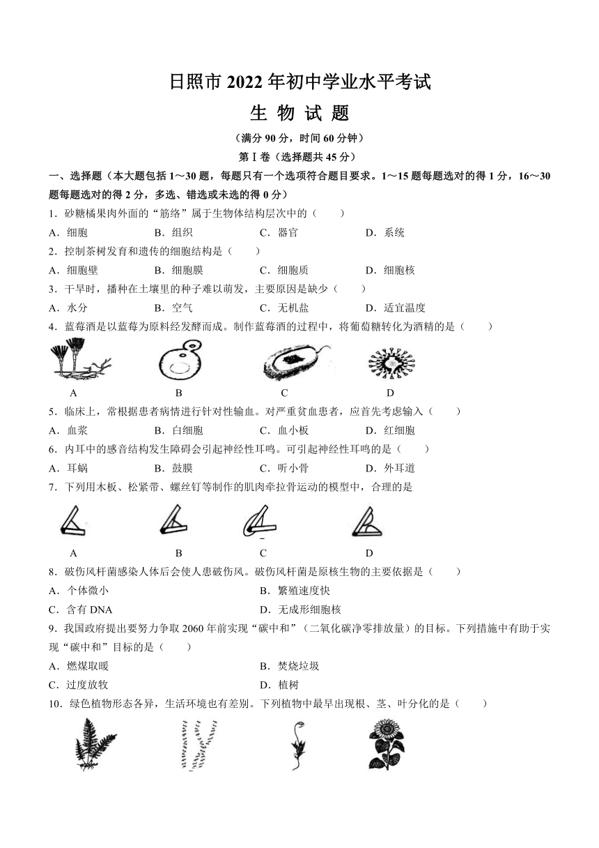 2022年山东省日照市初中学业水平考试生物试题(word版无答案)