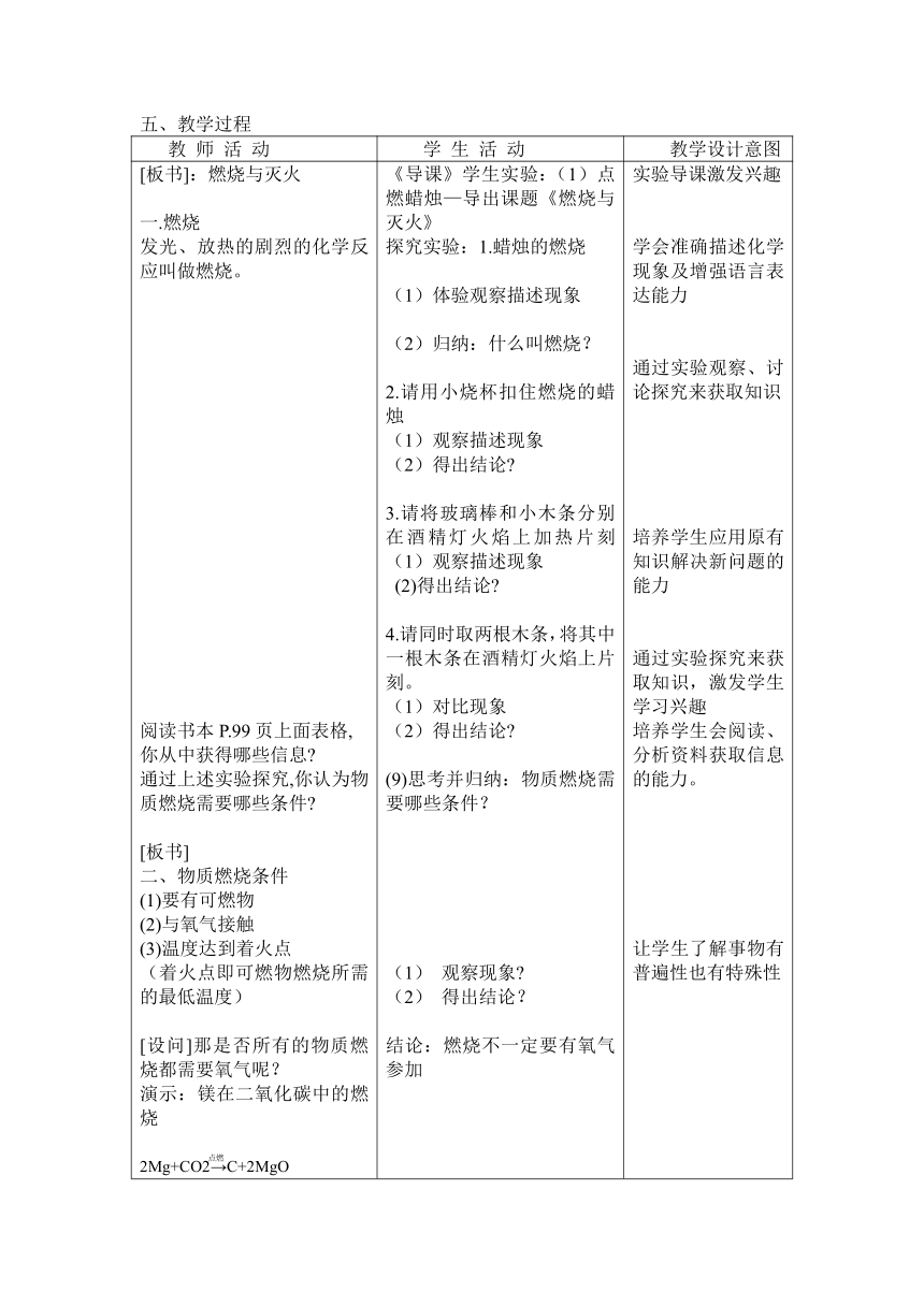 沪教版（上海）初中化学九年级上册 4.1  燃烧与灭火  教案  (表格式)