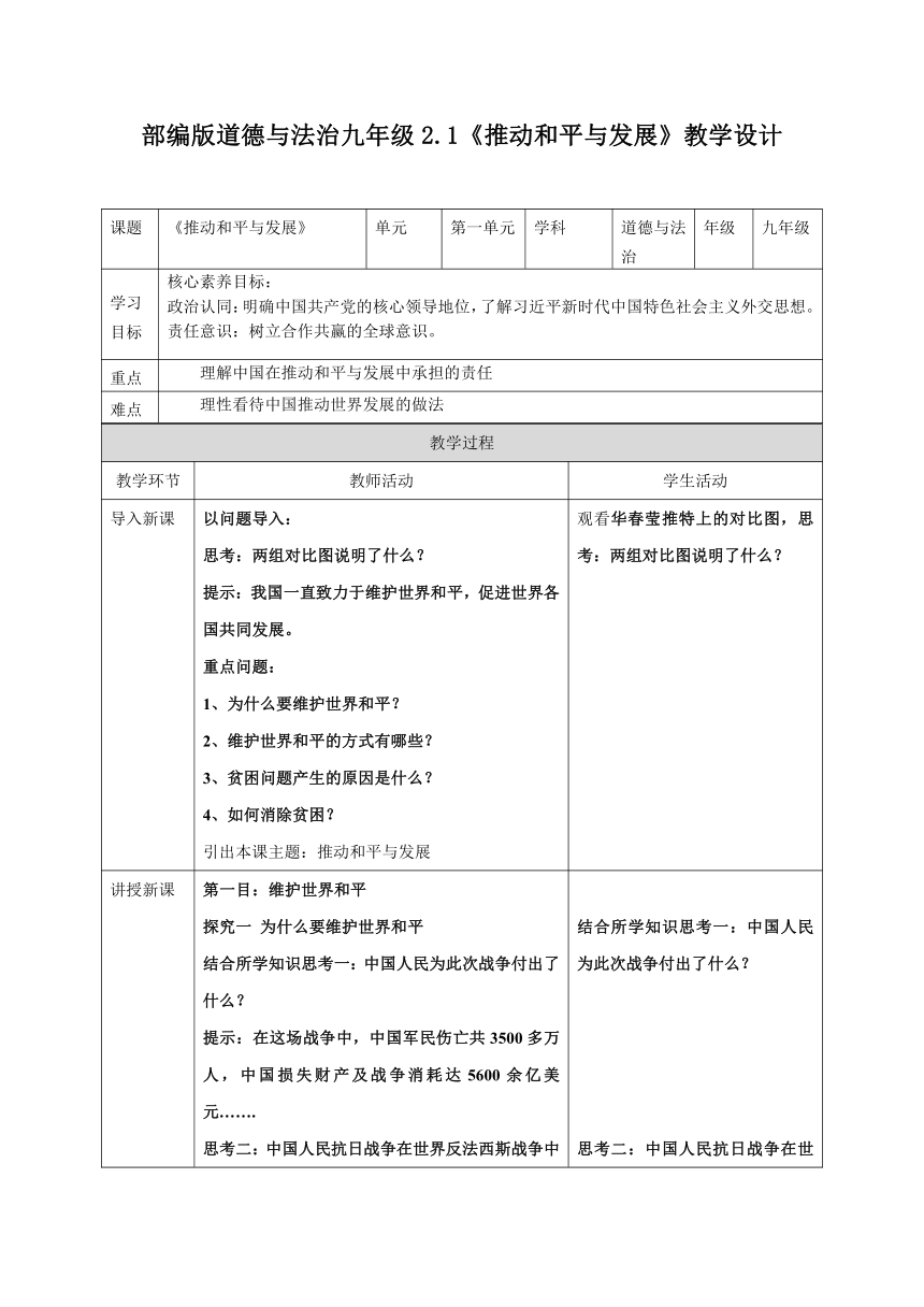 2.1 推动和平与发展教案