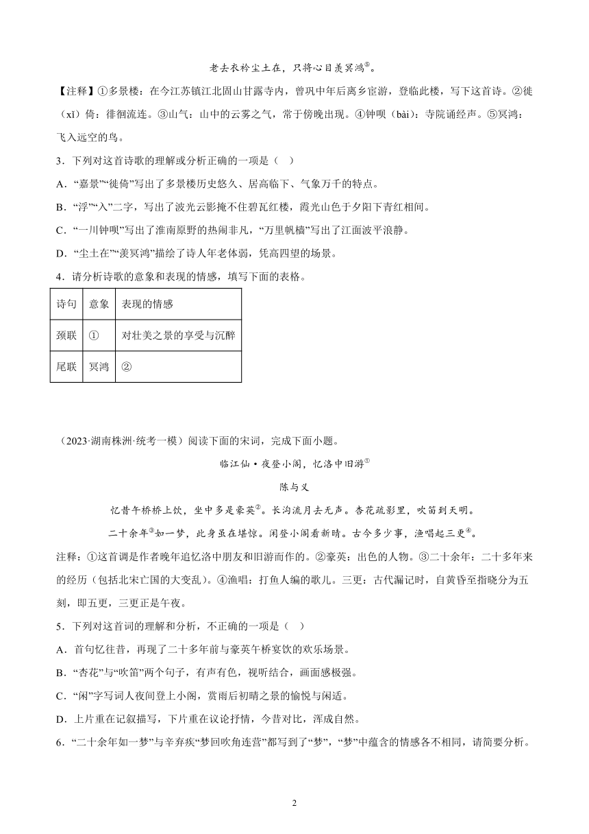 2023年湖南省九年级语文中考一模试题分项选编：诗歌鉴赏题（含解析）