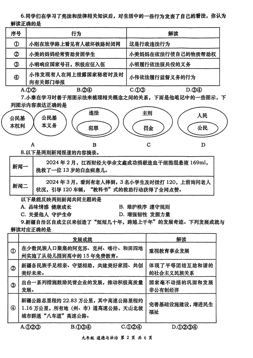 2024年陕西省西安市高新第一中学第五次中考模拟道德与法治试题（pdf版无答案）