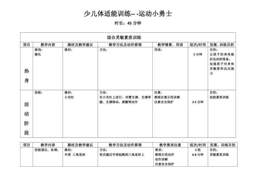 小学体育与健康 小学中年级课后服务 ：少儿体适能训练 运动小勇士教案 （表格式）