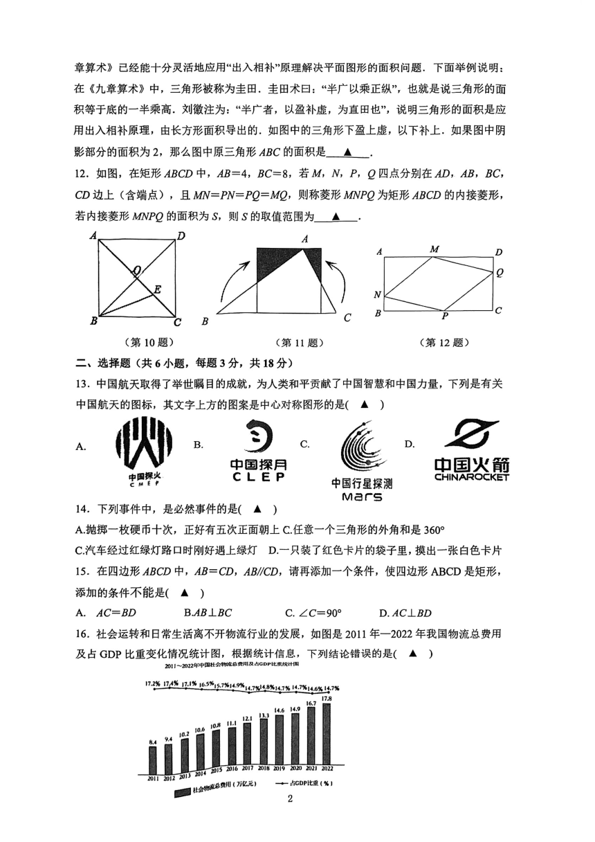 江苏省 镇江市外国语学校2023-2024学年八年级下学期数学期中试卷（PDF版，无答案）