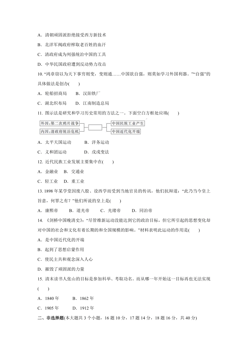 2020-2021学年人教版八年级 历史与社会下册 第八单元 19世纪中后期的近代中国 同步单元练习(含答案)