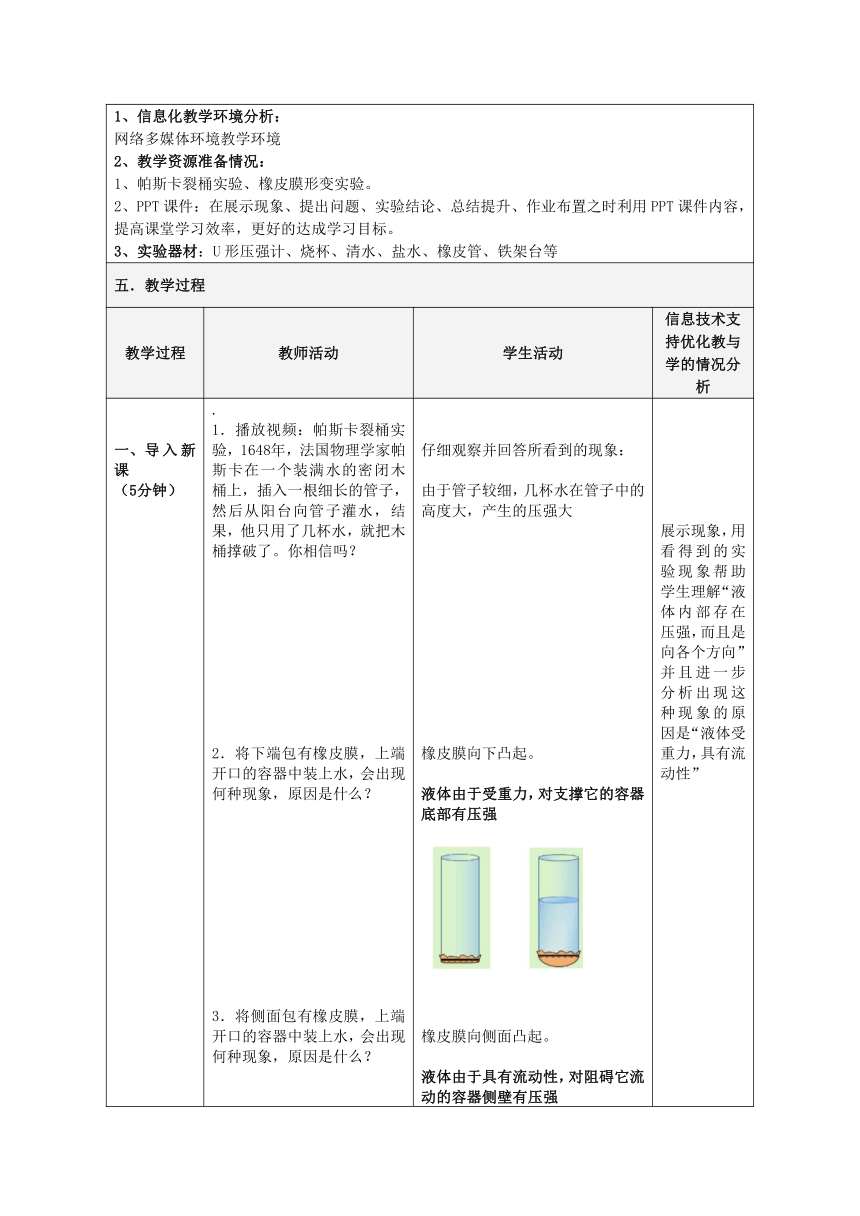 沪科版八年级物理 8.2液体的压强 教案（表格式）