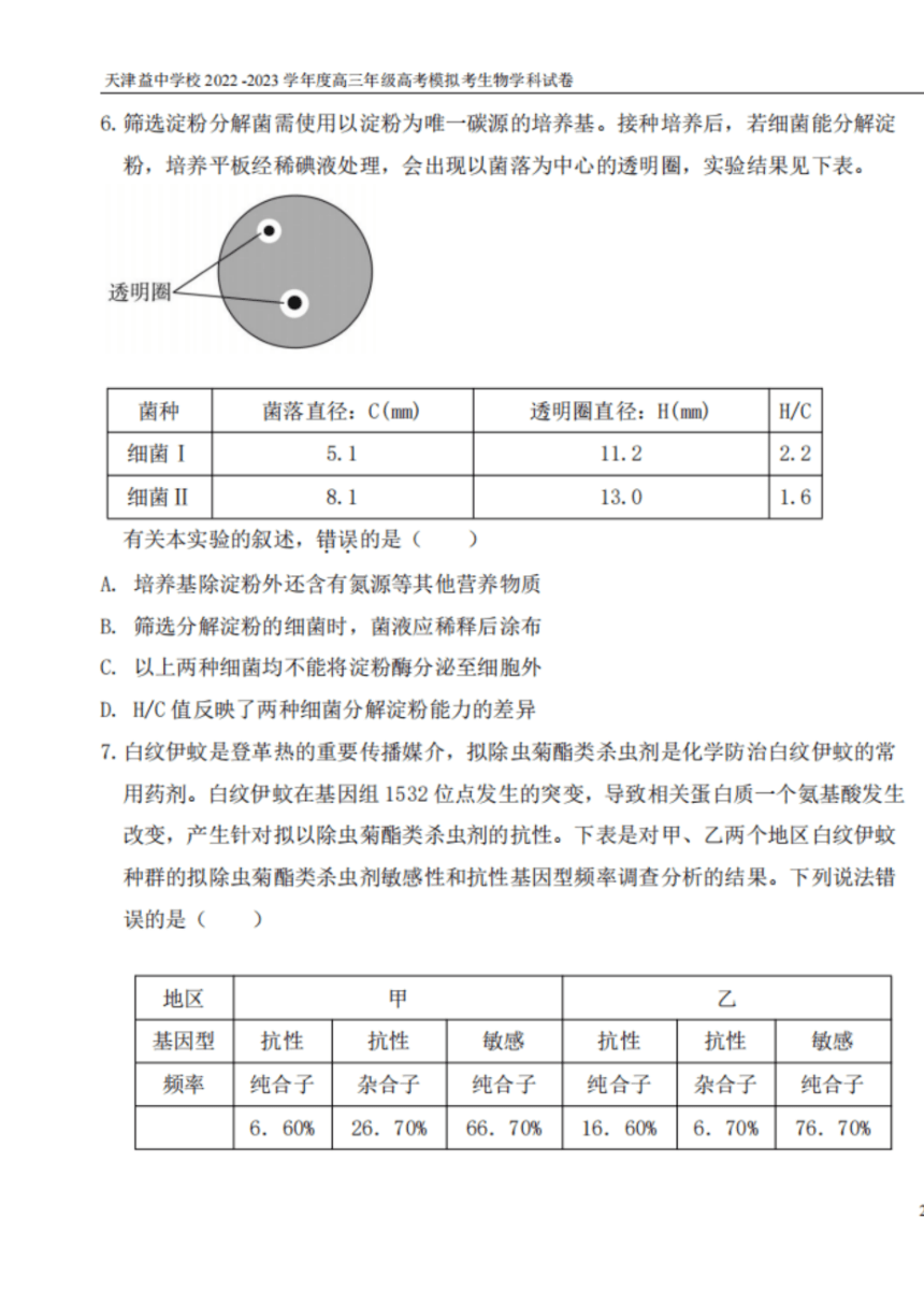 2023届天津市益中学校高三下学期5月模拟考试生物学试题（PDF版含答案）