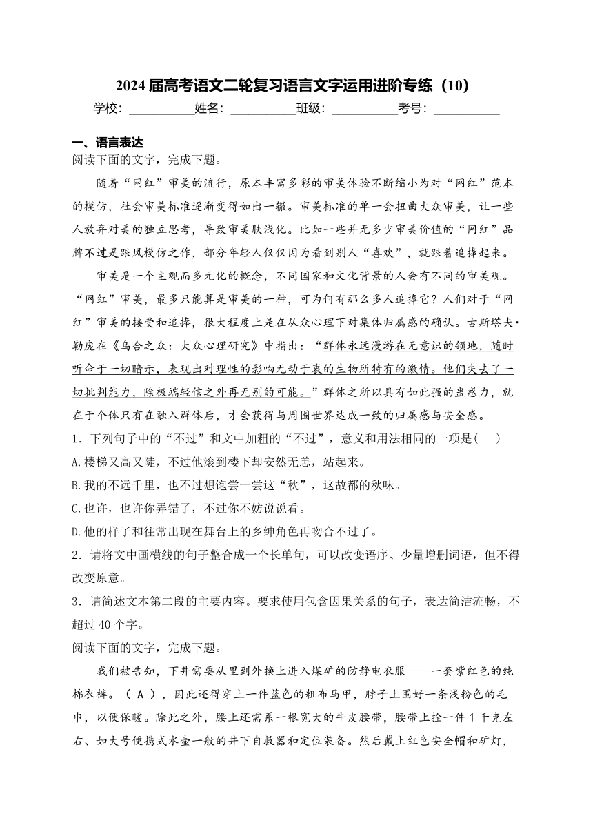 2024届高考语文二轮复习语言文字运用进阶专练（10）(含答案)