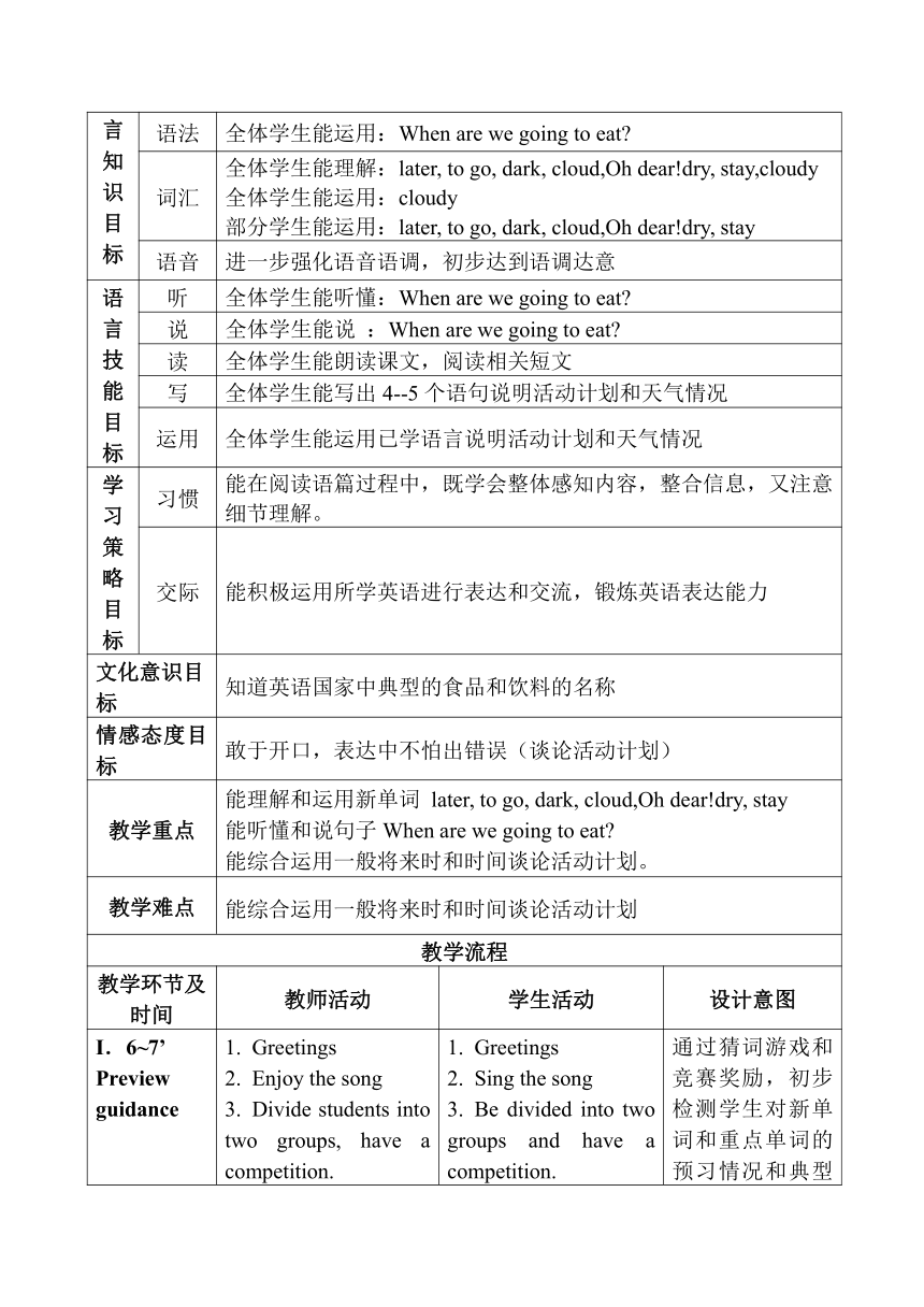 Module 2 Unit 1 When are we going to eat？ 教案