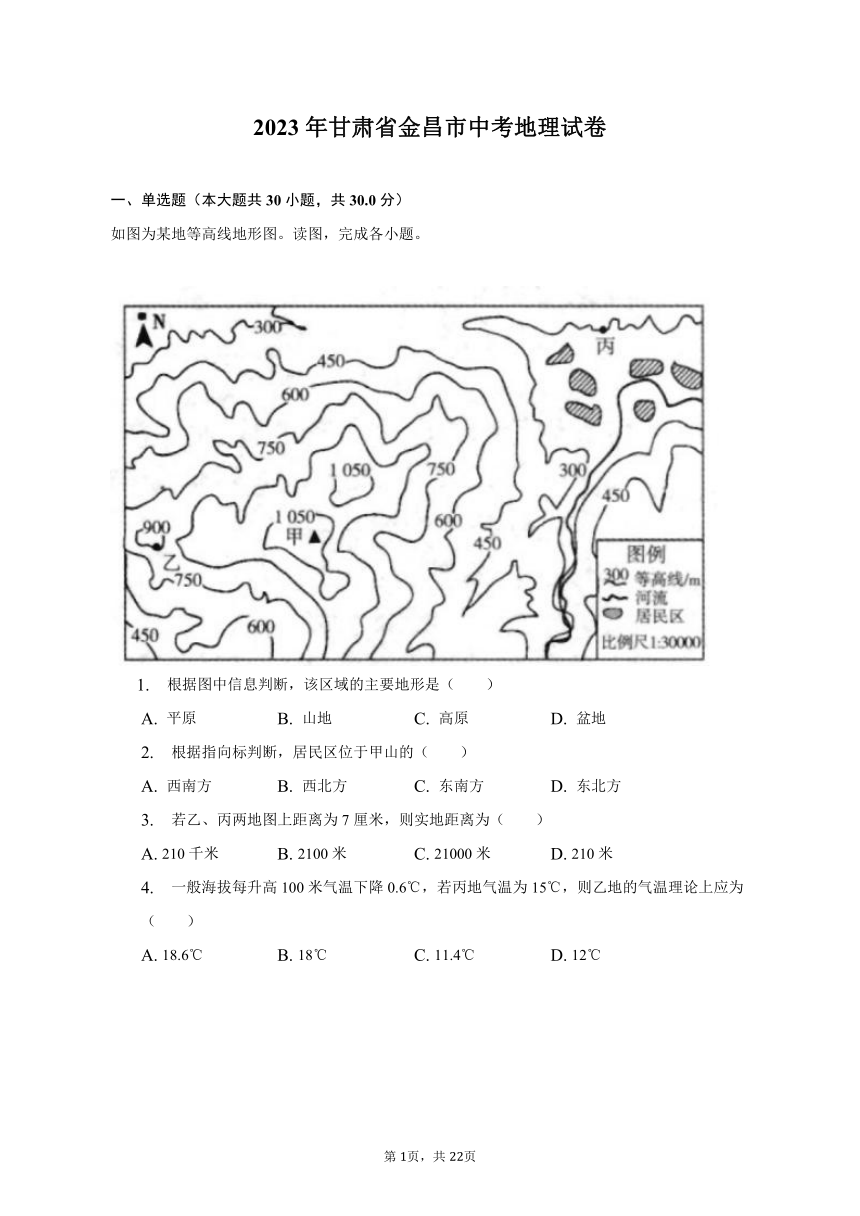 2023年甘肃省金昌市地理中考真题（含解析）