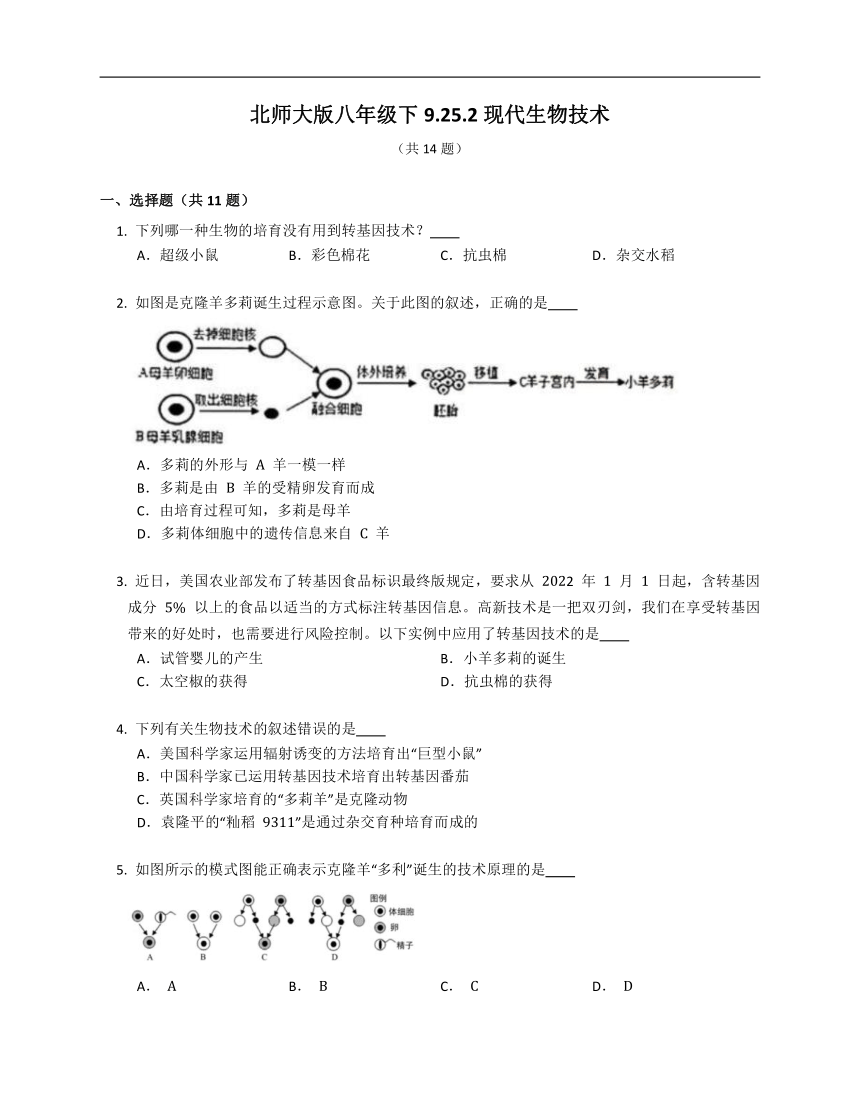 北师大版八年级下9.25.2现代生物技术同步练习（含答案）