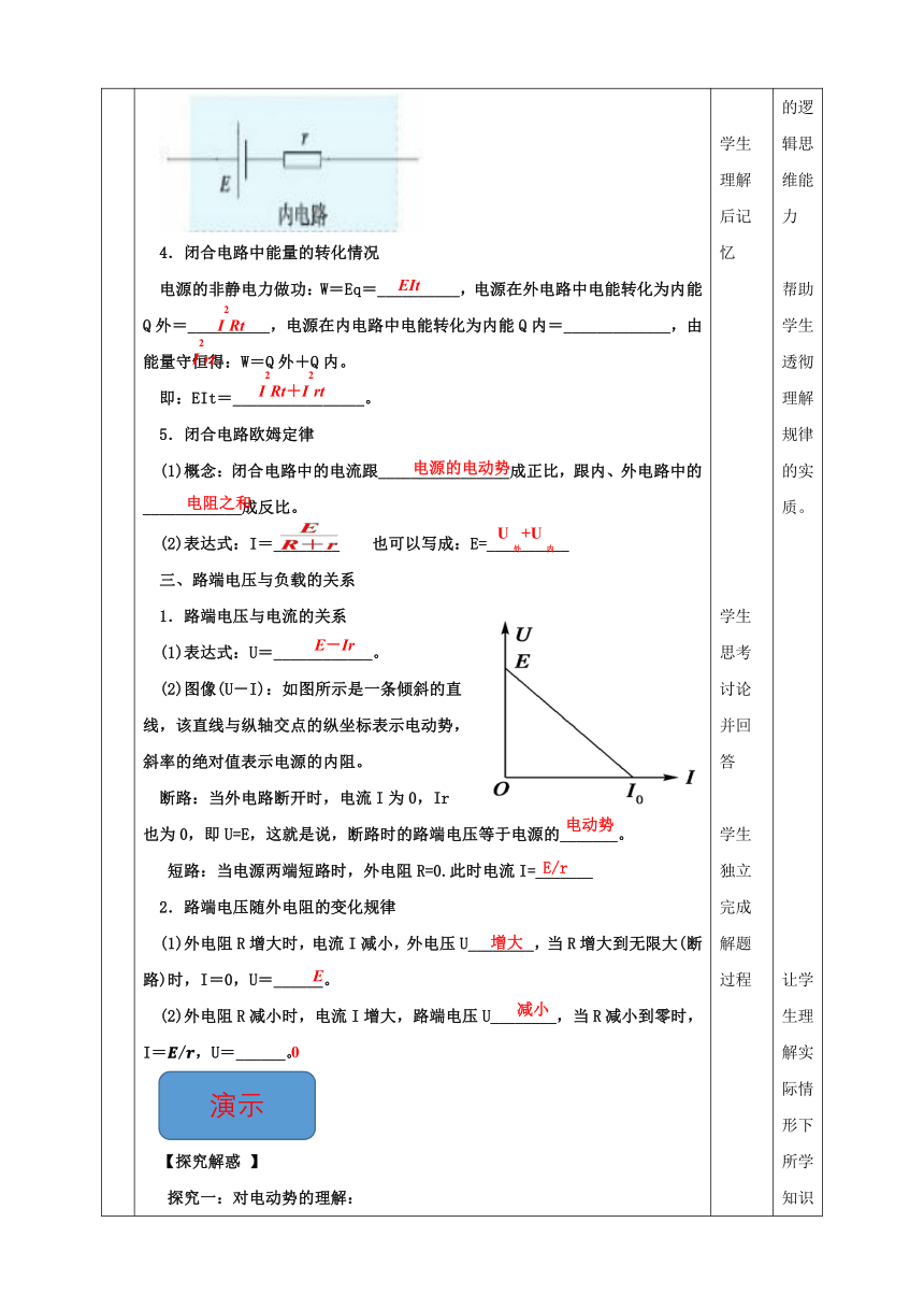 12.2  闭合电路的欧姆定律 教学设计 人教版（2019）高中物理必修第三册（表格式）