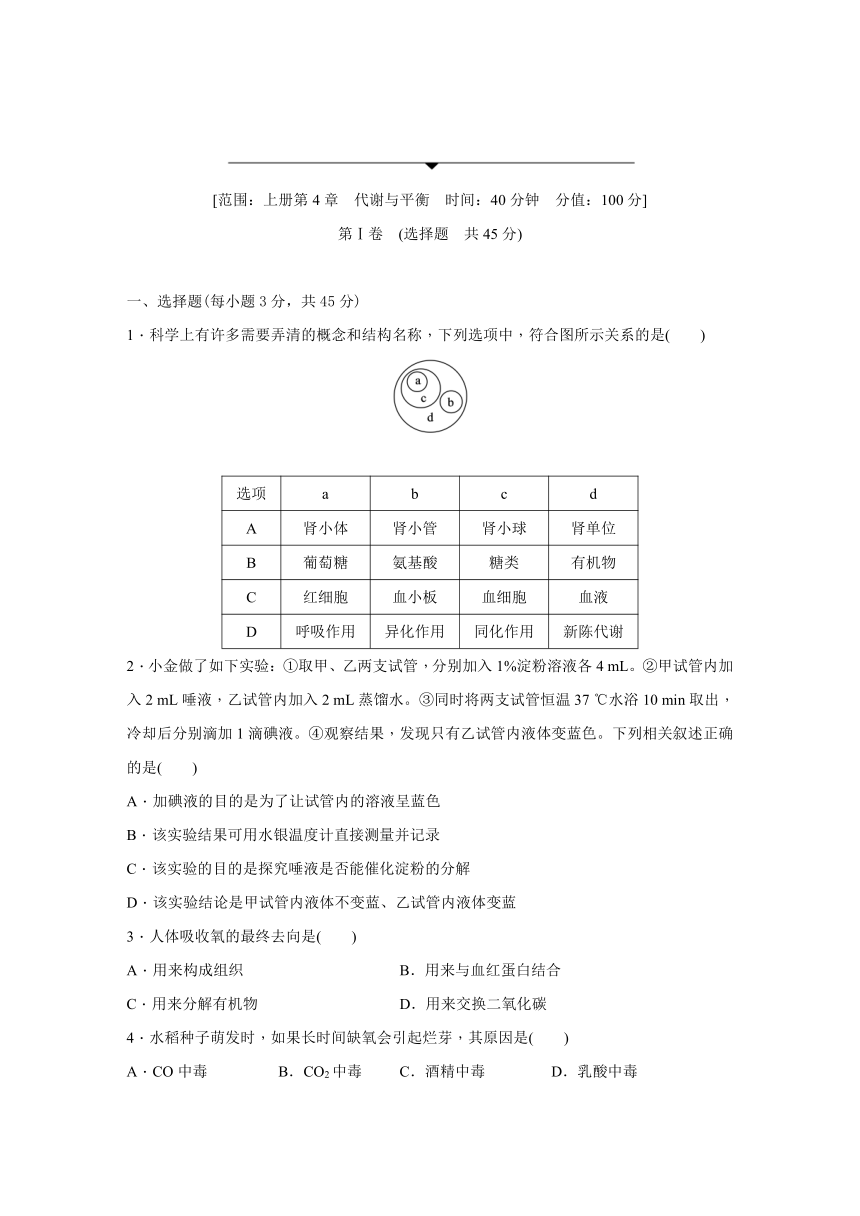 浙教版科学九年级上册同步提优训练：第4章　代谢与平衡  综合提升卷（含解析）